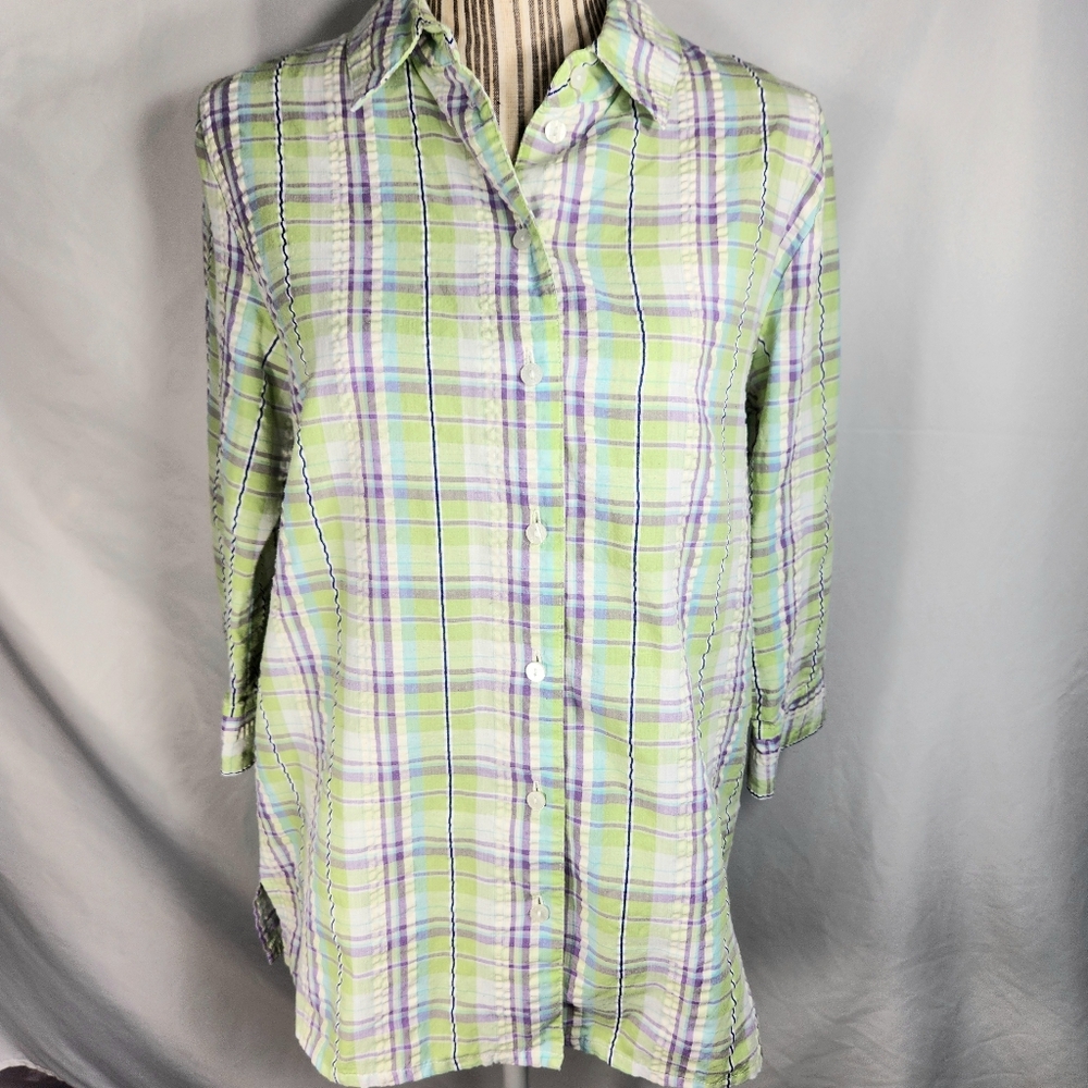 Alia Green Purple White Plaid Short Sleeve Seersucker Button Down Top Size 12